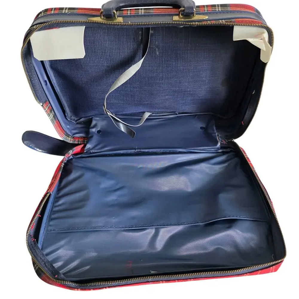 Vintage Red Plaid Travel Suitcase Carry On Luggage Train Case Locking
